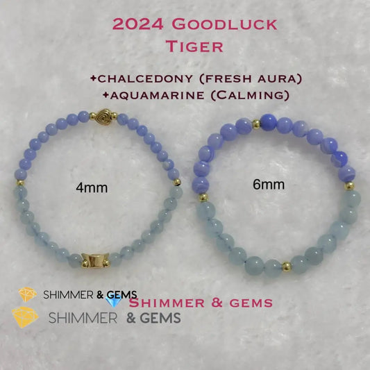 Tiger Animal Zodiac 2024 Goodluck Bracelet (Chalcedony & Aquamarine) Feng Shui Feng shui