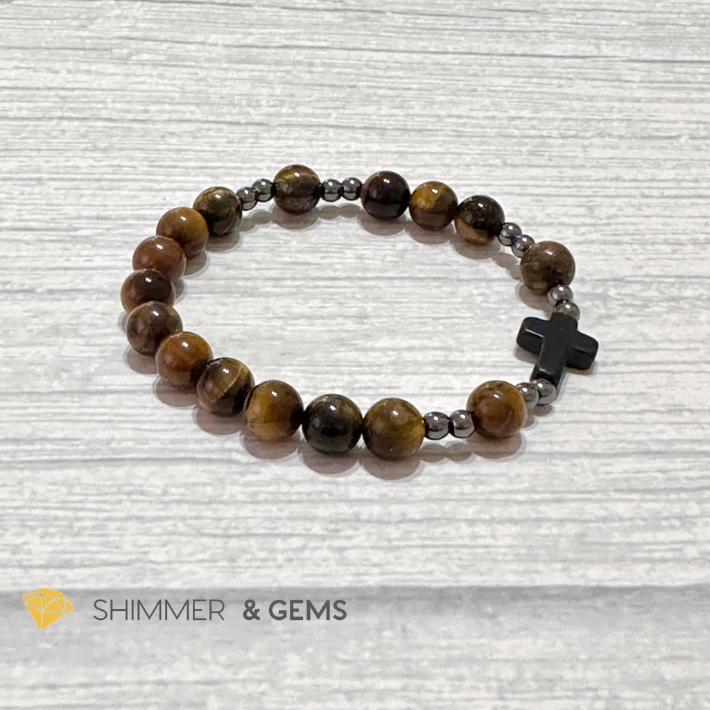 Tiger’s Eye Single Decade Rosary Bracelet (with Hematite)