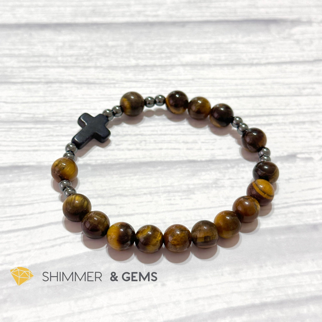 Tiger’s Eye Single Decade Rosary Bracelet (with Hematite)