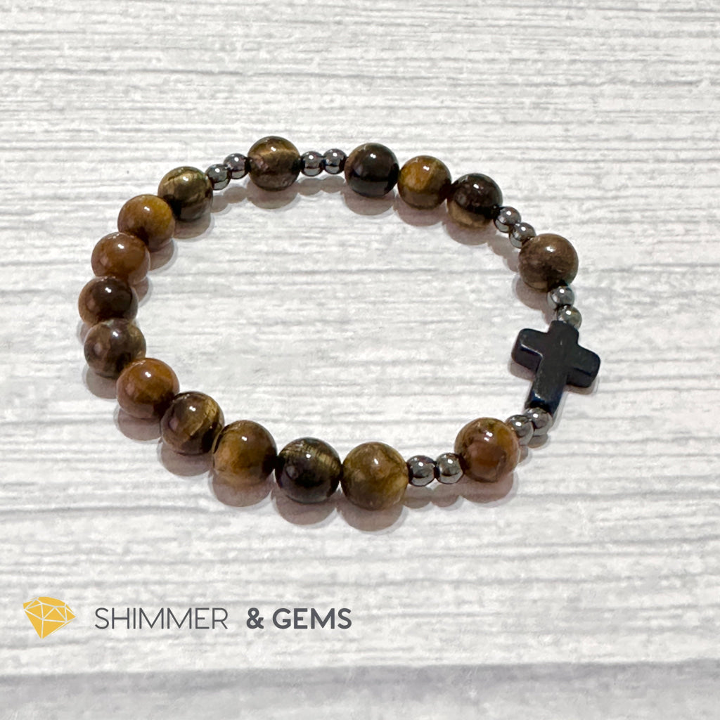 Tiger’s Eye Single Decade Rosary Bracelet (with Hematite)