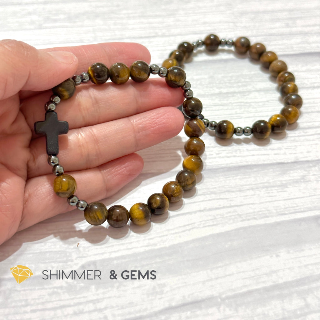 Tiger’s Eye Single Decade Rosary Bracelet (with Hematite)