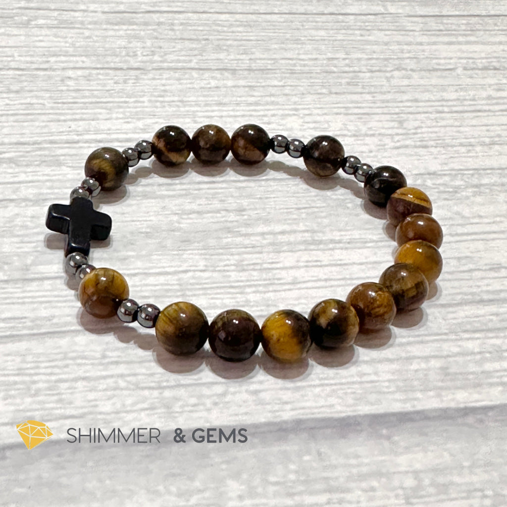 Tiger’s Eye Single Decade Rosary Bracelet (with Hematite)