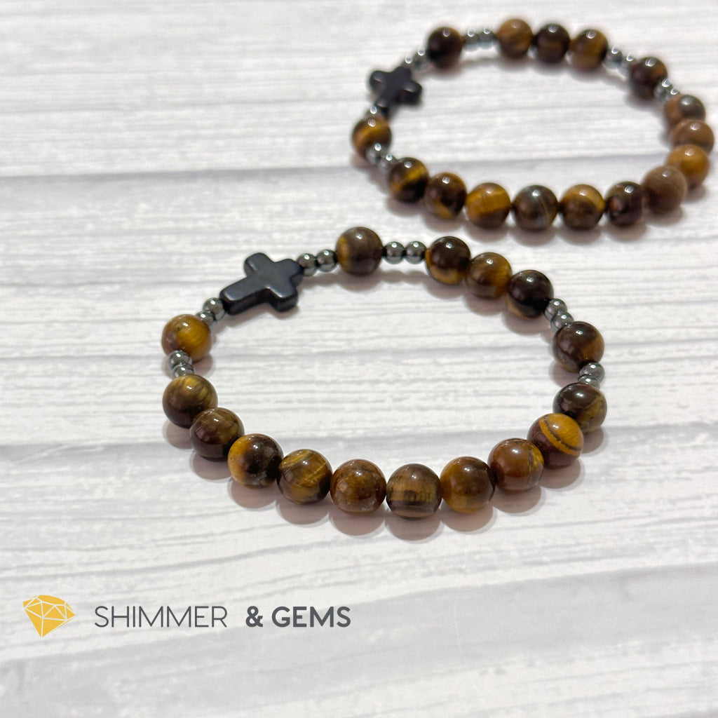 Tiger’s Eye Single Decade Rosary Bracelet (with Hematite)