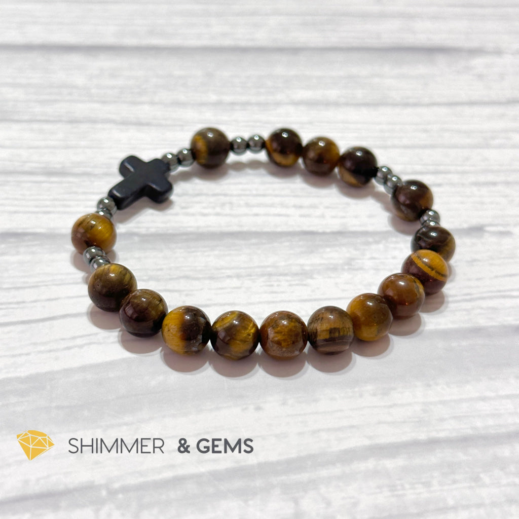 Tiger’s Eye Single Decade Rosary Bracelet (with Hematite)