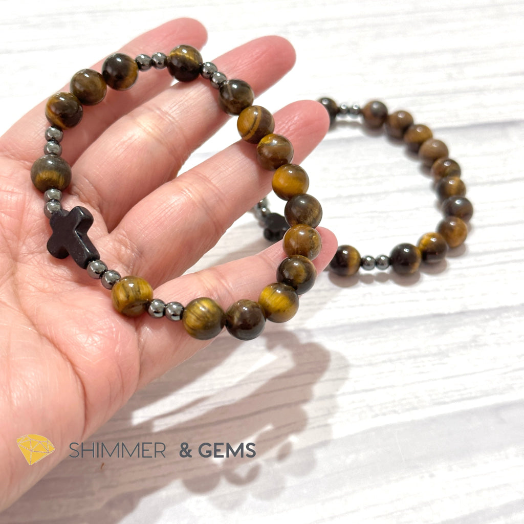 Tiger’s Eye Single Decade Rosary Bracelet (with Hematite)