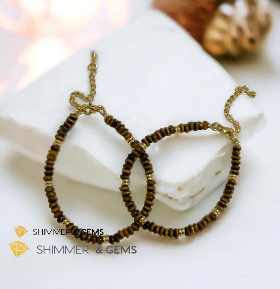 Tiger’s Eye 4mm Rondelle Bracelet with stainless steel chain Adjustable Size (5.5”-8”) Bracelets