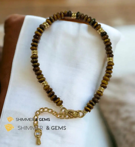 Tiger’s Eye 4mm Rondelle Bracelet with stainless steel chain Adjustable Size (5.5”-8”) Bracelets