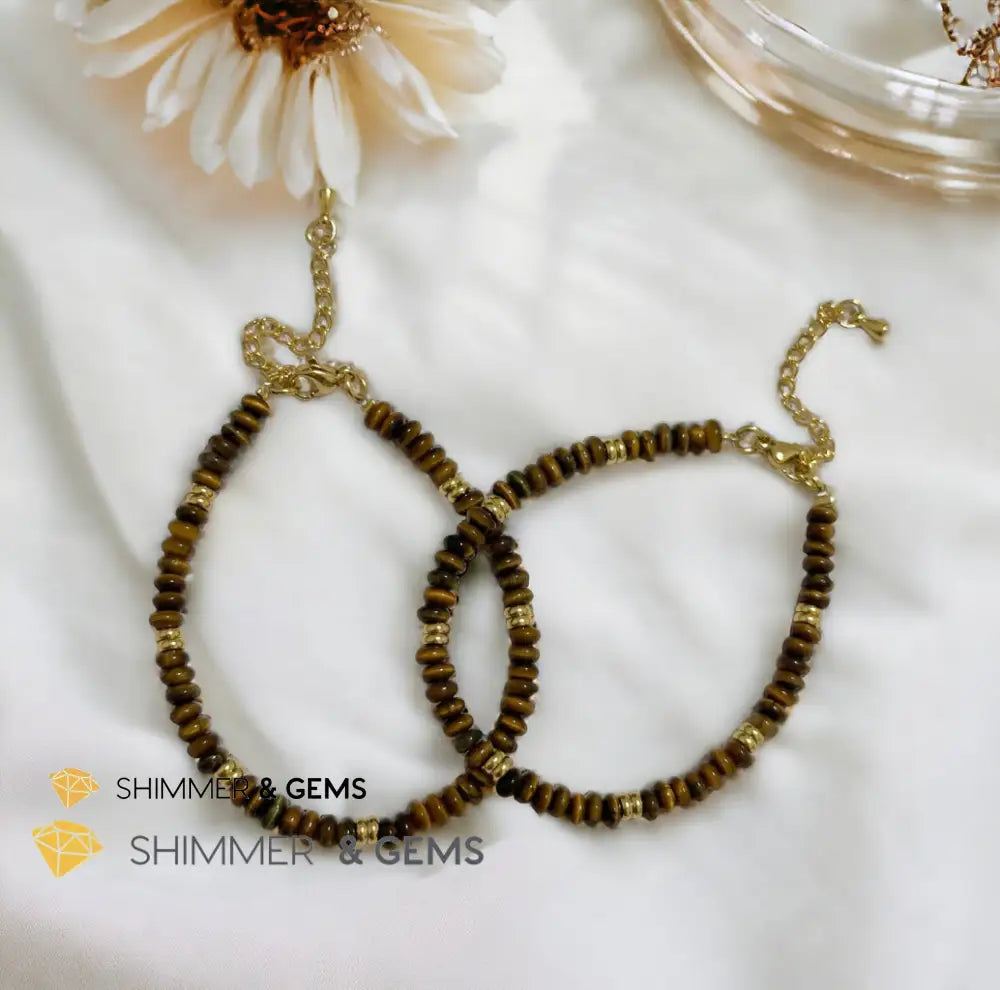 Tiger’s Eye 4mm Rondelle Bracelet with stainless steel chain Adjustable Size (5.5”-8”) Bracelets