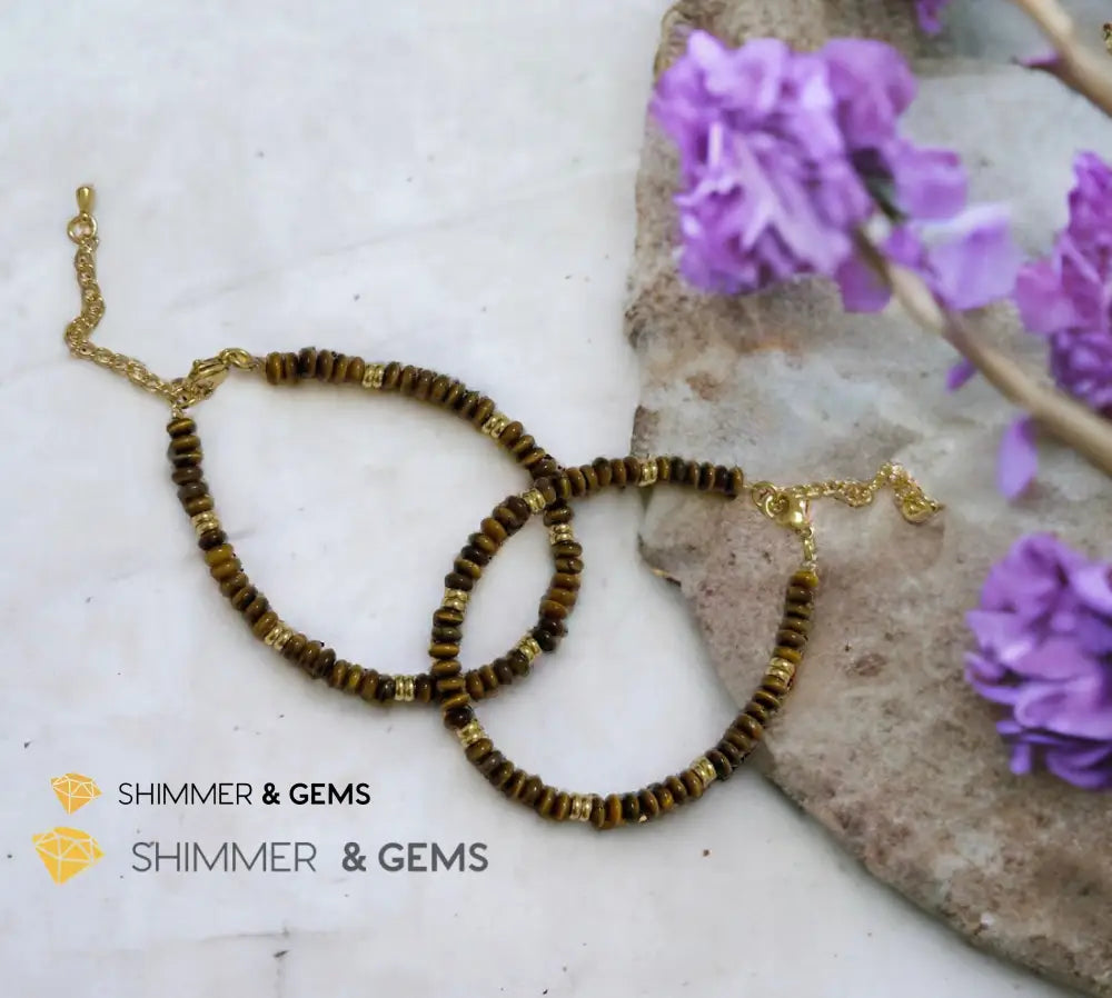 Tiger’s Eye 4mm Rondelle Bracelet with stainless steel chain Adjustable Size (5.5”-8”) Bracelets
