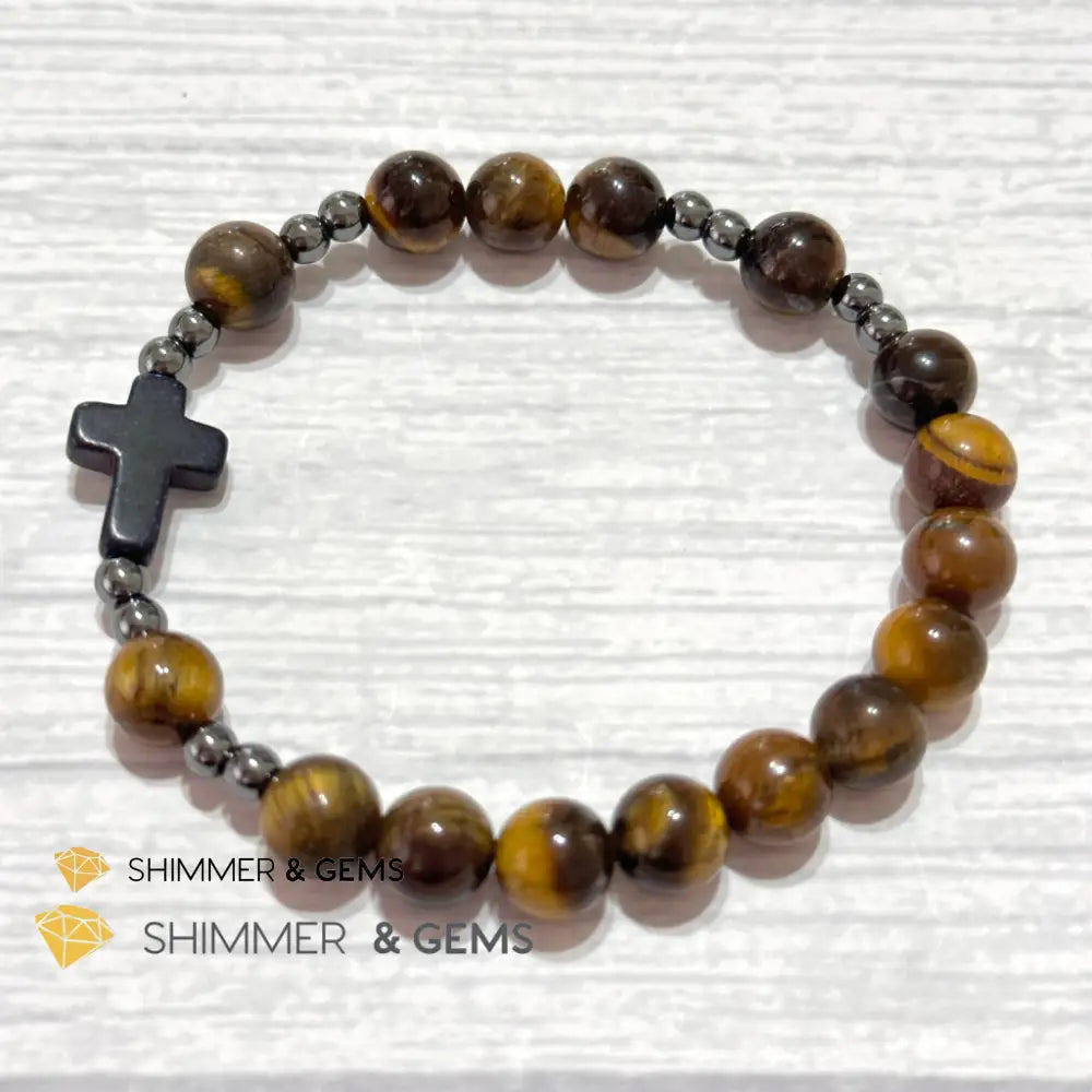 Tiger’s Eye Single Decade Rosary Bracelet (with Hematite) 6.5” Rosary Bracelet