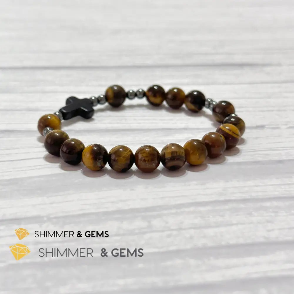 Tiger’s Eye Single Decade Rosary Bracelet (with Hematite) 6.5” Rosary Bracelet
