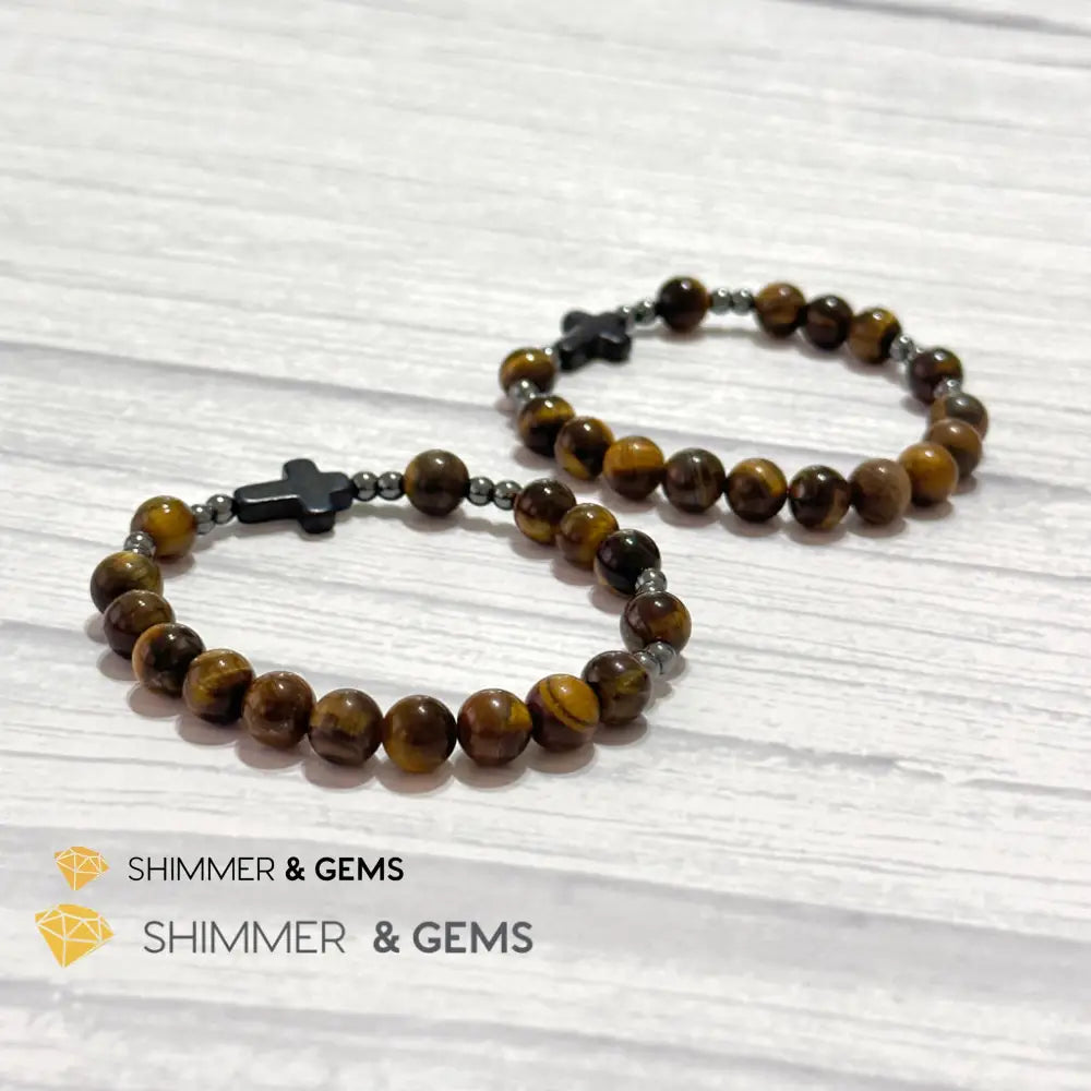 Tiger’s Eye Single Decade Rosary Bracelet (with Hematite) 6.5” Rosary Bracelet