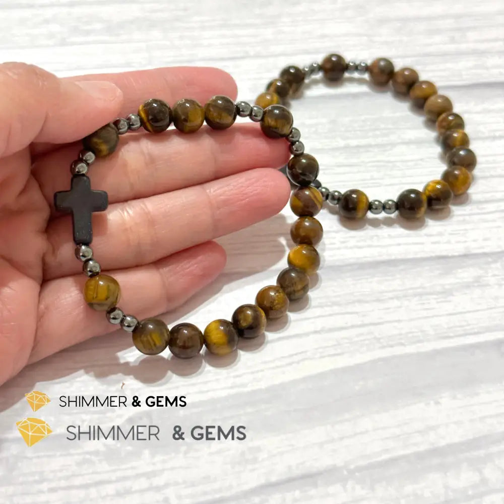Tiger’s Eye Single Decade Rosary Bracelet (with Hematite) 6.5” Rosary Bracelet
