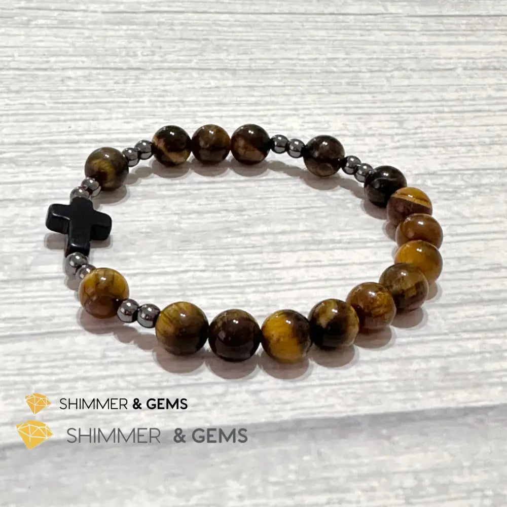 Tiger’s Eye Single Decade Rosary Bracelet (with Hematite) 6.5” Rosary Bracelet