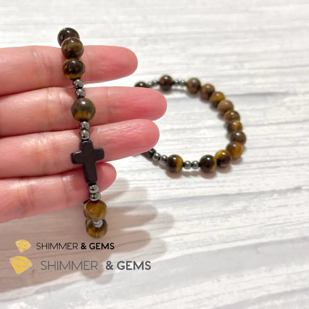 Tiger’s Eye Single Decade Rosary Bracelet (with Hematite) 6.5” Rosary Bracelet