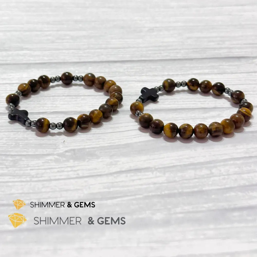 Tiger’s Eye Single Decade Rosary Bracelet (with Hematite) 6.5” Rosary Bracelet