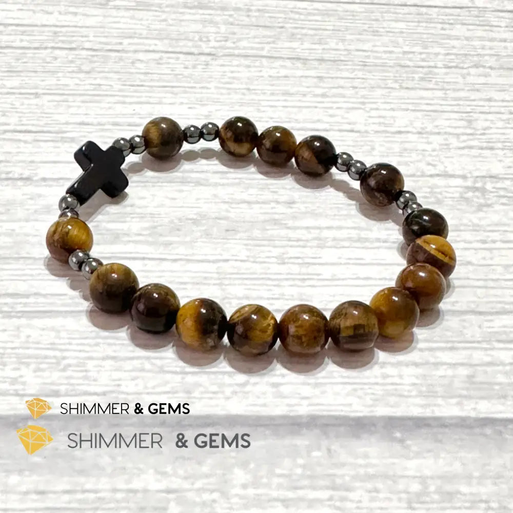 Tiger’s Eye Single Decade Rosary Bracelet (with Hematite) 6.5” Rosary Bracelet