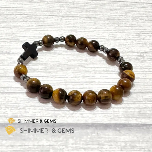 Tiger’s Eye Single Decade Rosary Bracelet (with Hematite) 6.5” Rosary Bracelet