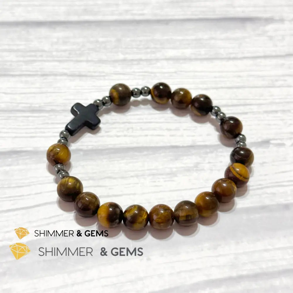 Tiger’s Eye Single Decade Rosary Bracelet (with Hematite) 6.5” Rosary Bracelet