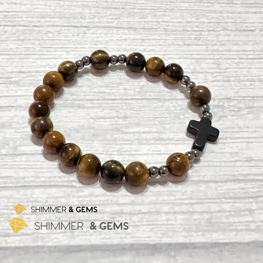 Tiger’s Eye Single Decade Rosary Bracelet (with Hematite) 6.5” Rosary Bracelet