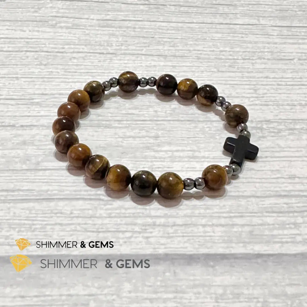 Tiger’s Eye Single Decade Rosary Bracelet (with Hematite) 6.5” Rosary Bracelet