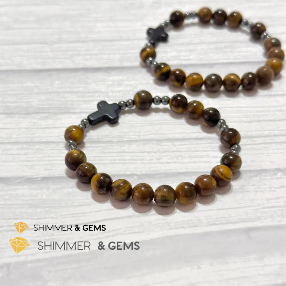 Tiger’s Eye Single Decade Rosary Bracelet (with Hematite) 6.5” Rosary Bracelet