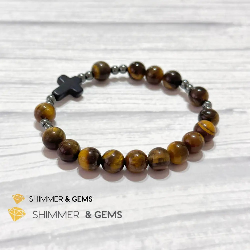 Tiger’s Eye Single Decade Rosary Bracelet (with Hematite) 6.5” Rosary Bracelet