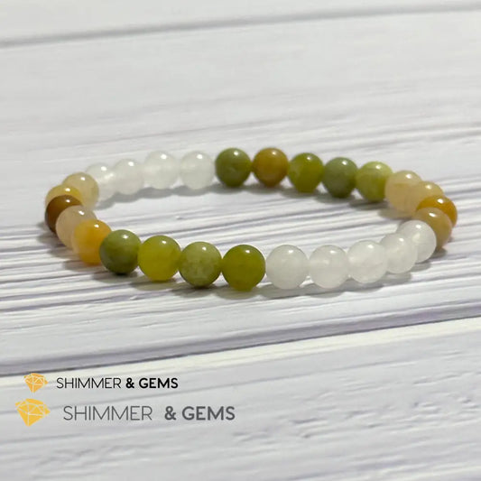 Triple Luck Remedy Bracelet (Three Shades of Jade 6mm White Yellow & Green) 5.5”