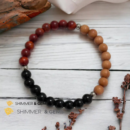 Triple Wood Bracelet for Luck & Protection (Sandalwood Ebony & Raja Kayu 6mm) with Stainless Steel Beads 7.0” Bracelets