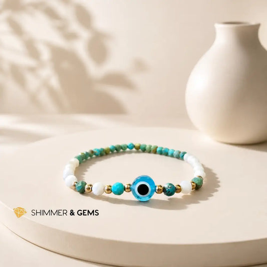 Turquoise & White Agate Evil Eye 3mm Faceted Bracelet