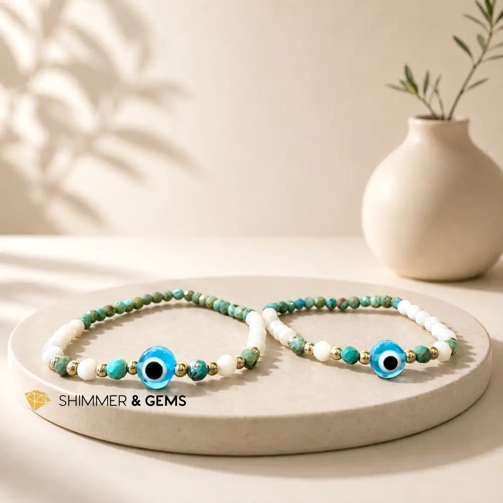 Turquoise & White Agate Evil Eye 3mm Faceted Bracelet