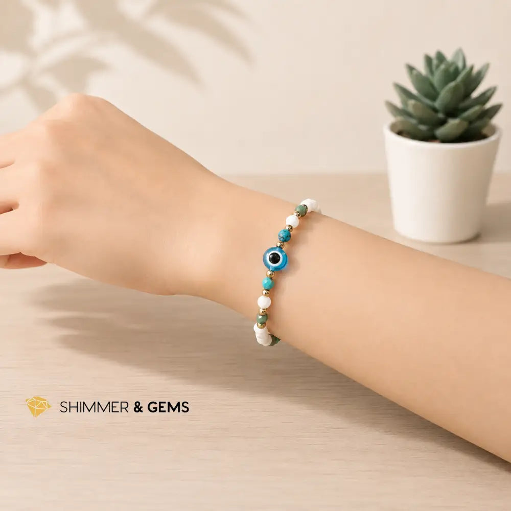 Turquoise & White Agate Evil Eye 3mm Faceted Bracelet