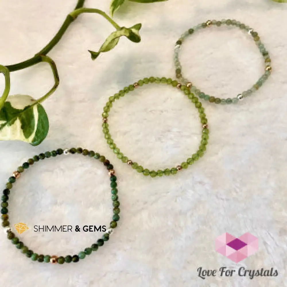Wealth and Luck Triple Remedy Bracelet - Peridot Turquoise Jade (Shimmer & Gems) 5.5” (Set of 3 Bracelets 3mm) Bracelets