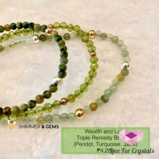 Wealth and Luck Triple Remedy Bracelet - Peridot Turquoise Jade (Shimmer & Gems) 6.0” (Set of 3 Bracelets 3mm) Bracelets