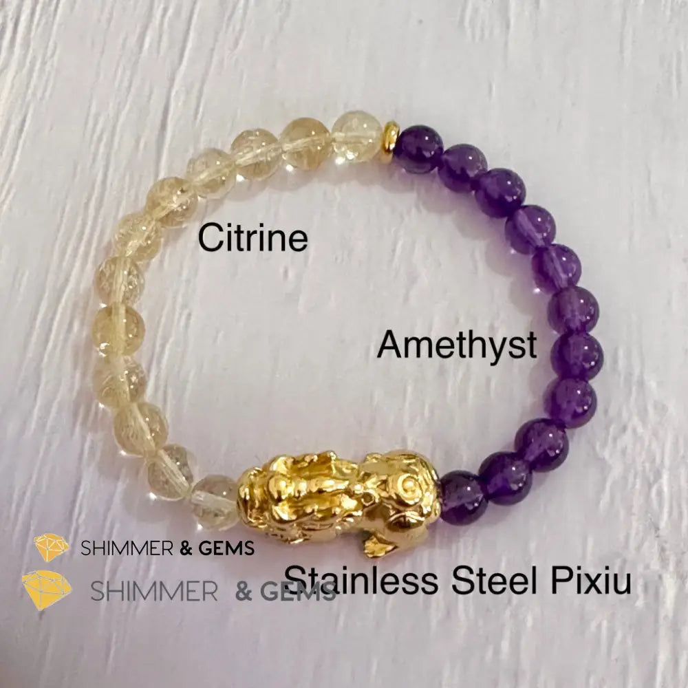 Wealth & Career Success Pixiu Bracelet (Stainless Steel) Citrine and Amethyst 6mm