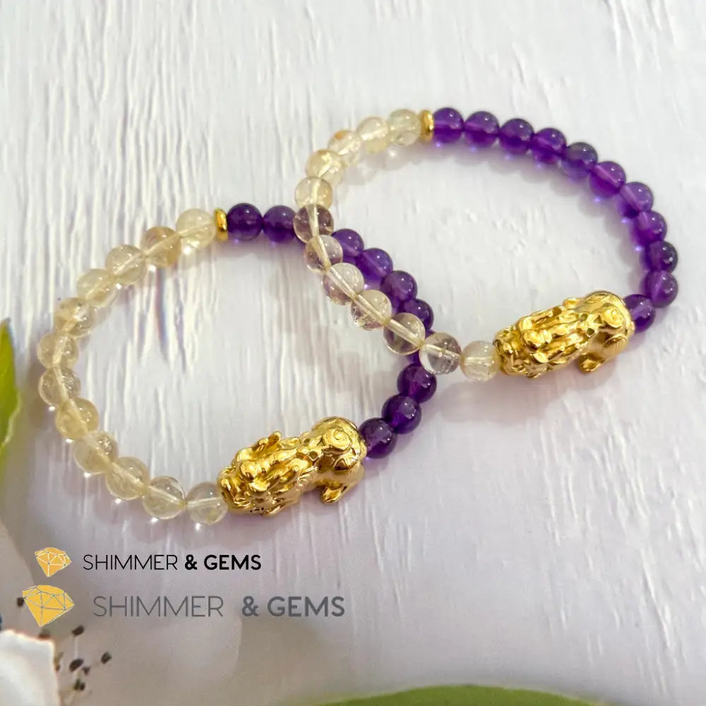 Wealth & Career Success Pixiu Bracelet (Stainless Steel) Citrine and Amethyst 6mm