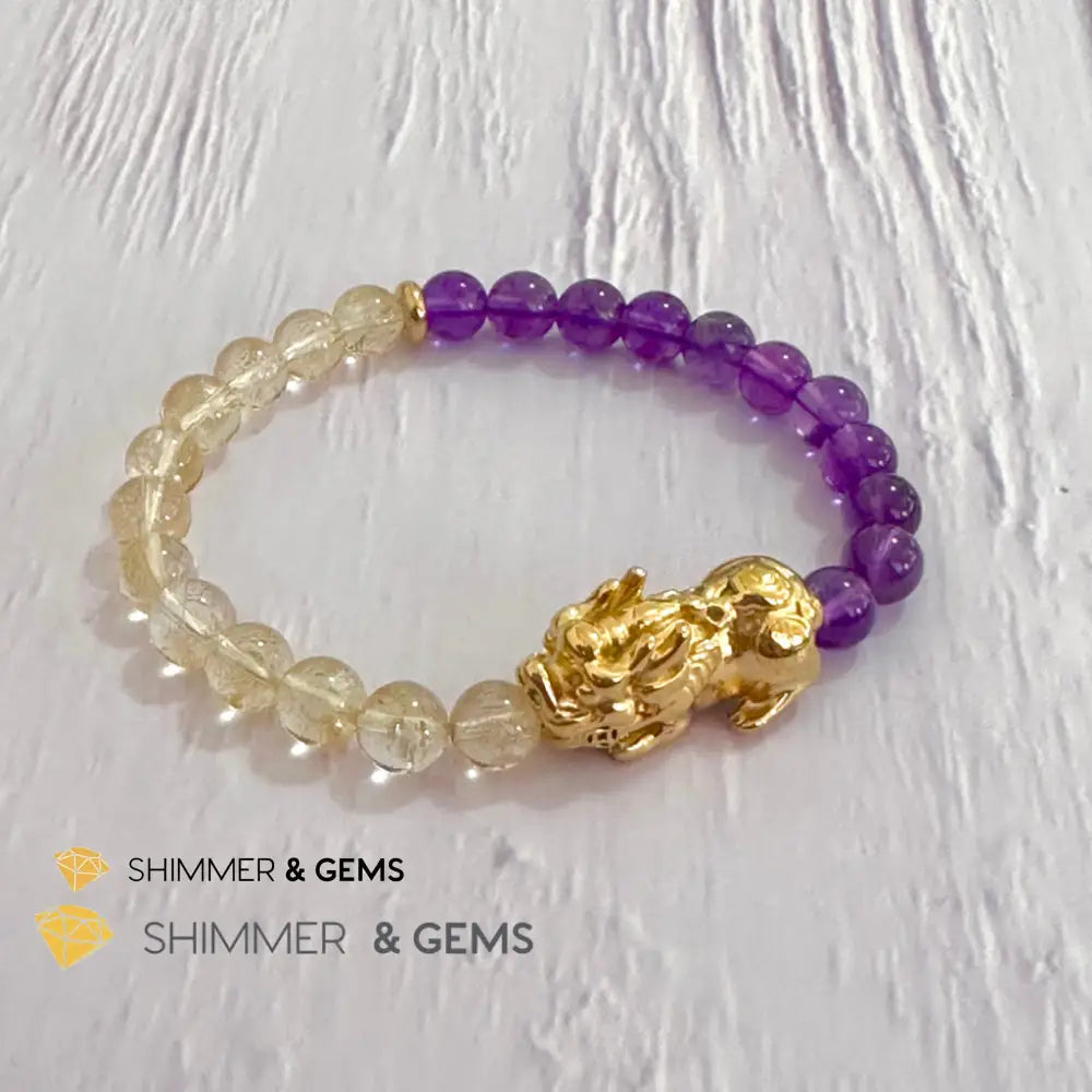 Wealth & Career Success Pixiu Bracelet (Stainless Steel) Citrine and Amethyst 6mm