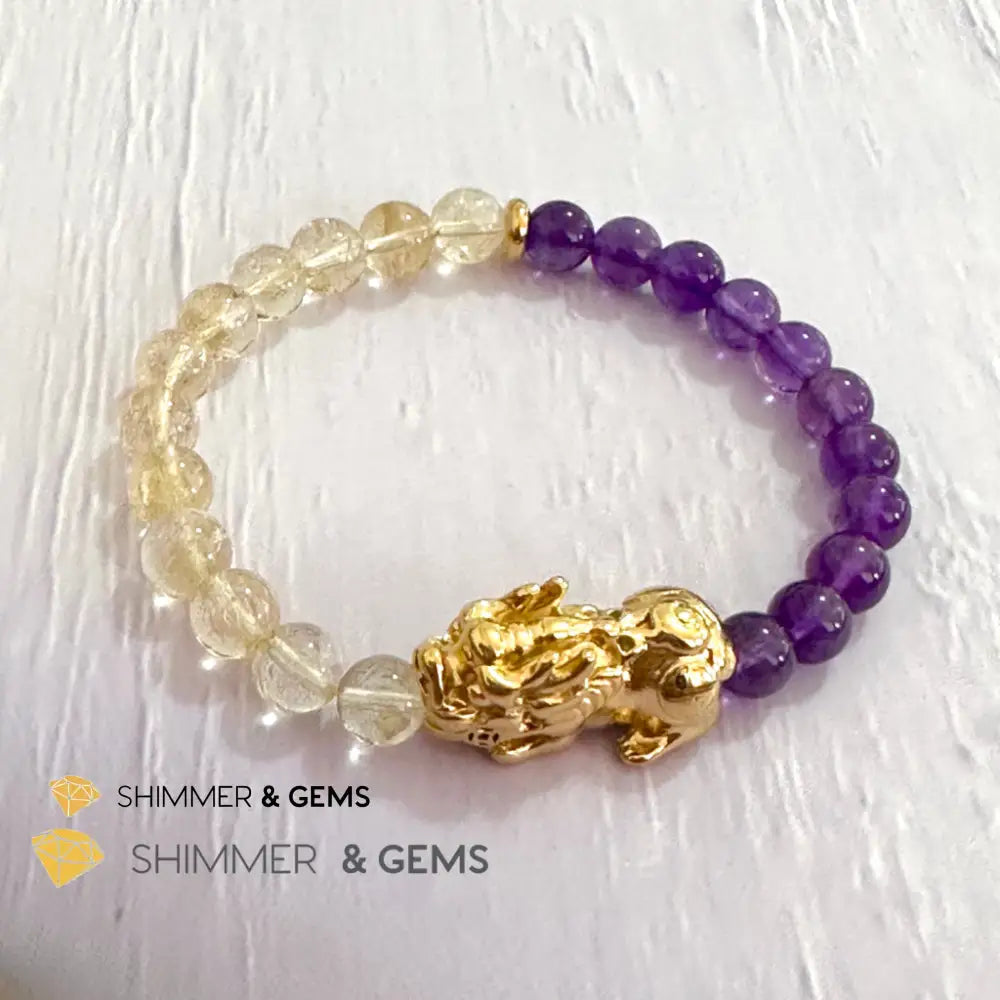 Wealth & Career Success Pixiu Bracelet (Stainless Steel) Citrine and Amethyst 6mm