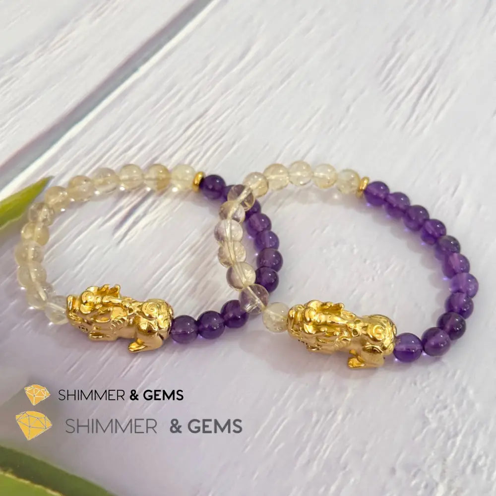 Wealth & Career Success Pixiu Bracelet (Stainless Steel) Citrine and Amethyst 6mm