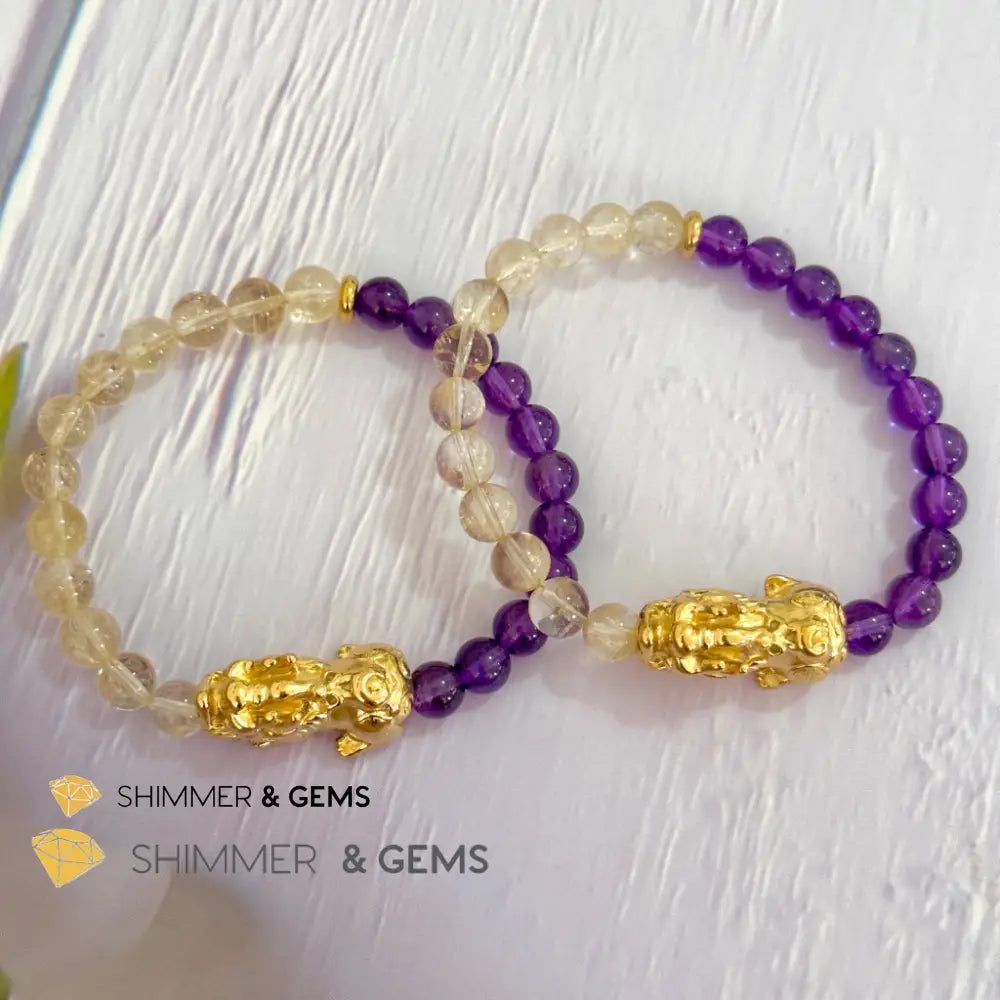 Wealth & Career Success Pixiu Bracelet (Stainless Steel) Citrine and Amethyst 6mm