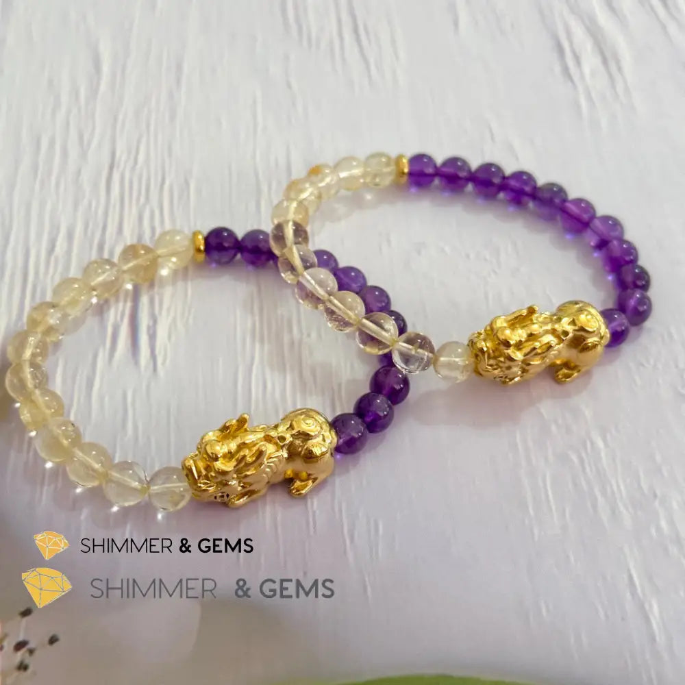 Wealth & Career Success Pixiu Bracelet (Stainless Steel) Citrine and Amethyst 6mm