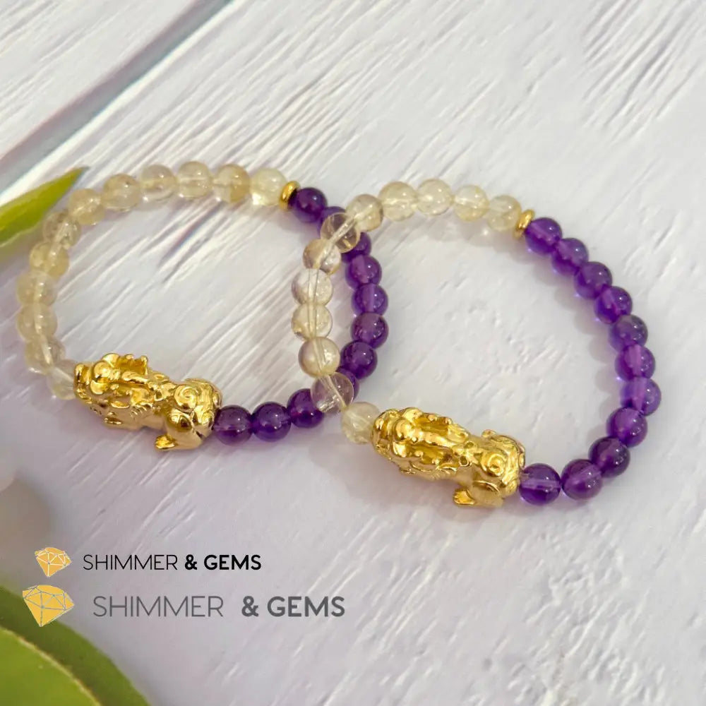 Wealth & Career Success Pixiu Bracelet (Stainless Steel) Citrine and Amethyst 6mm