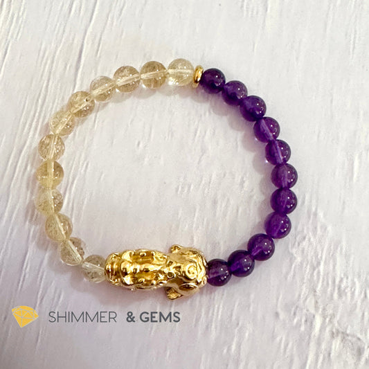 Wealth & Career Success Pixiu Bracelet (Stainless Steel) Citrine and Amethyst 6mm