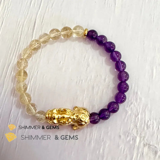 Wealth & Career Success Pixiu Bracelet (Stainless Steel) Citrine and Amethyst 6mm 5.5”