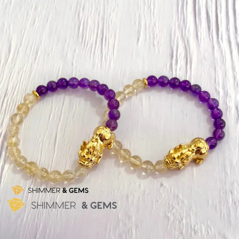 Wealth & Career Success Pixiu Bracelet (Stainless Steel) Citrine and Amethyst 6mm