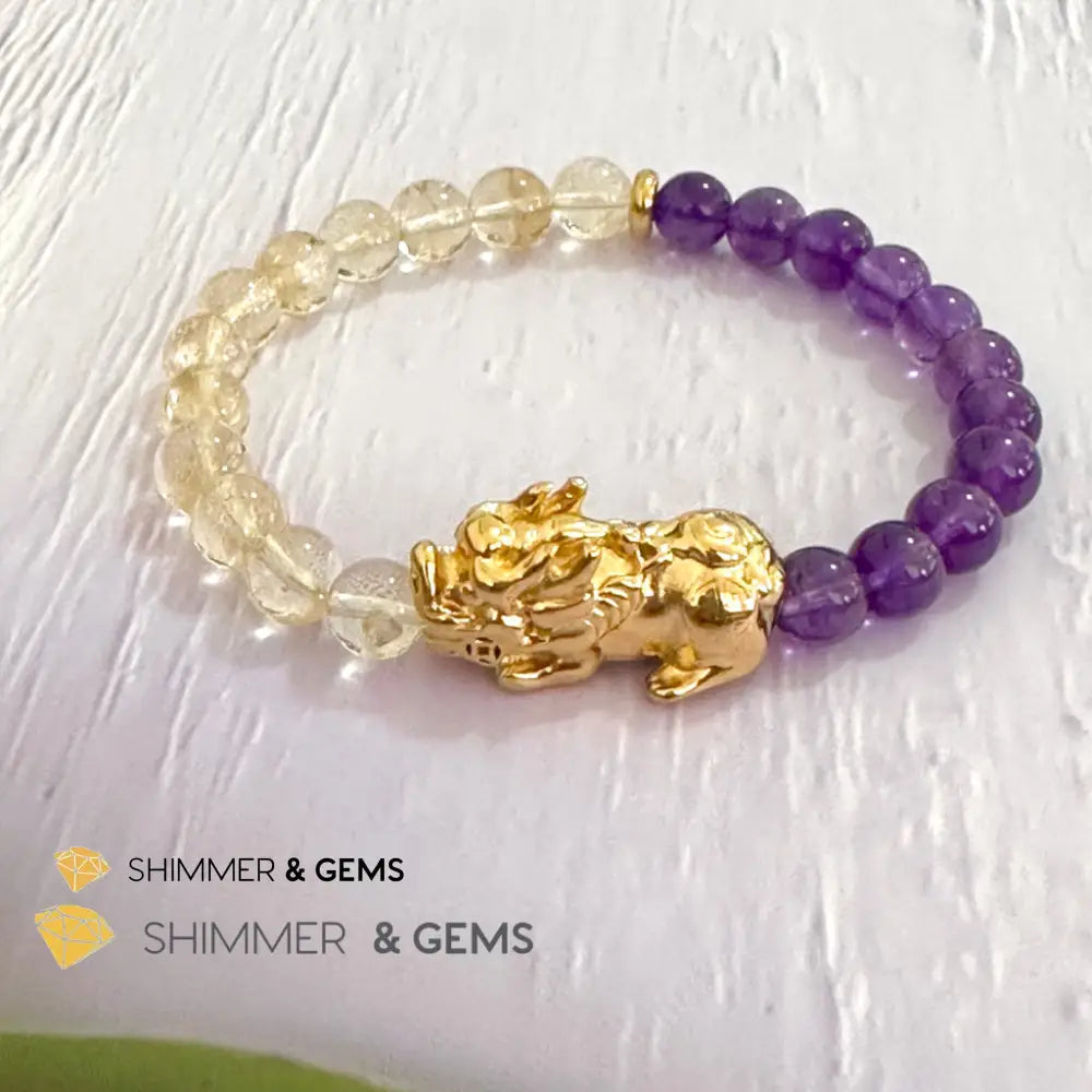 Wealth & Career Success Pixiu Bracelet (Stainless Steel) Citrine and Amethyst 6mm