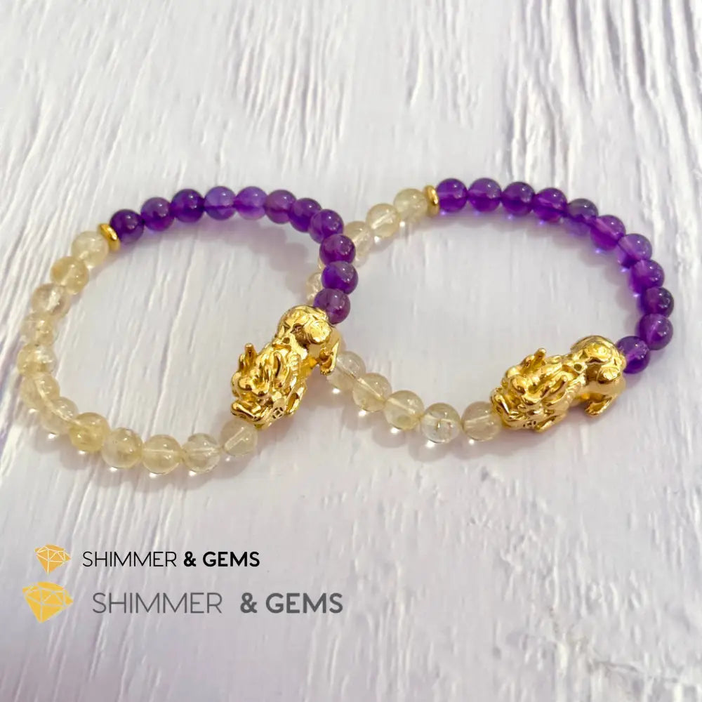 Wealth & Career Success Pixiu Bracelet (Stainless Steel) Citrine and Amethyst 6mm