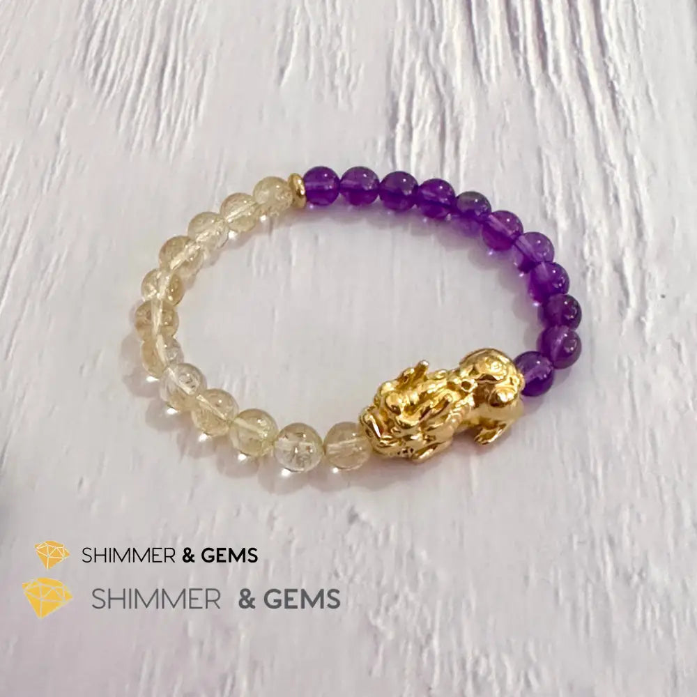 Wealth & Career Success Pixiu Bracelet (Stainless Steel) Citrine and Amethyst 6mm