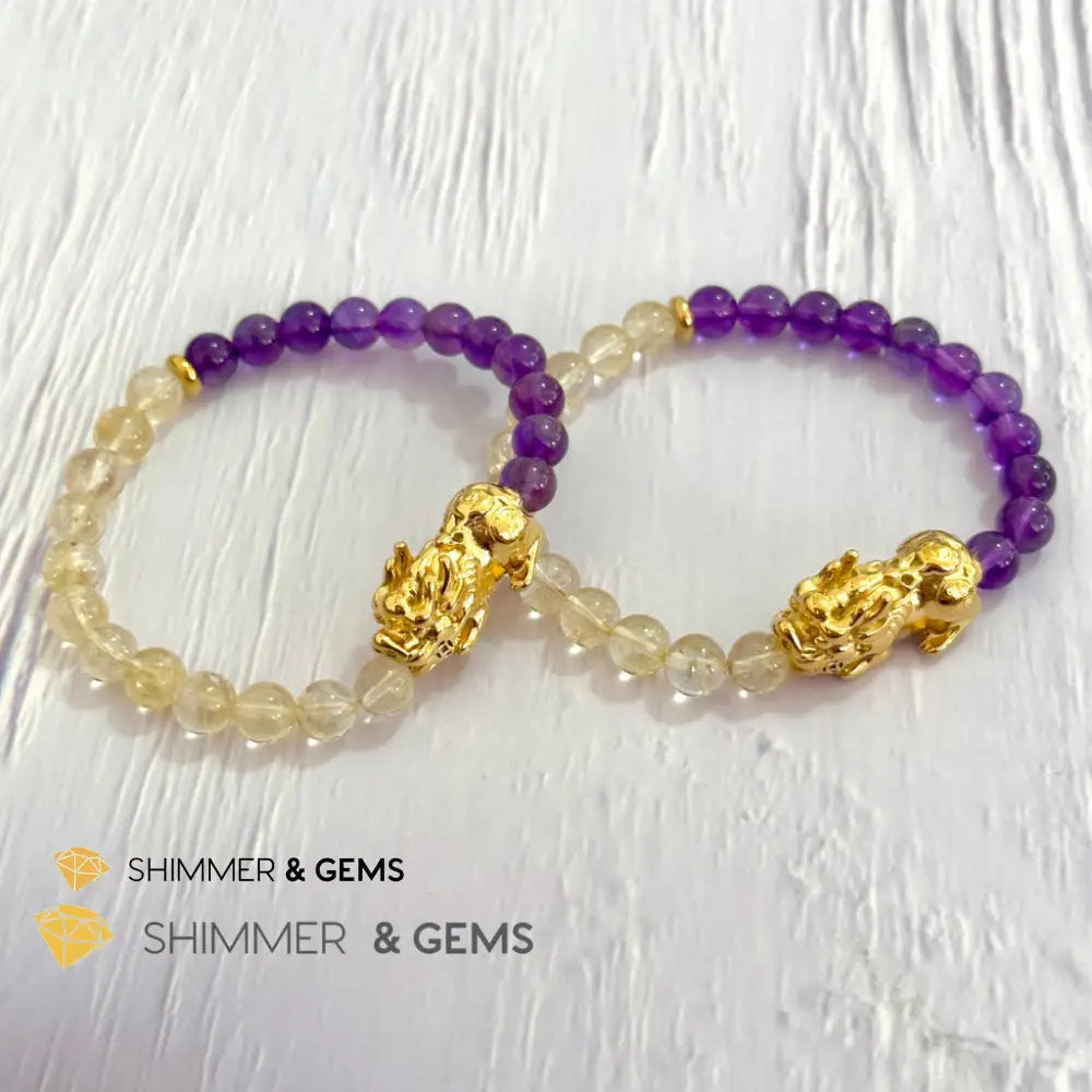 Wealth & Career Success Pixiu Bracelet (Stainless Steel) Citrine and Amethyst 6mm
