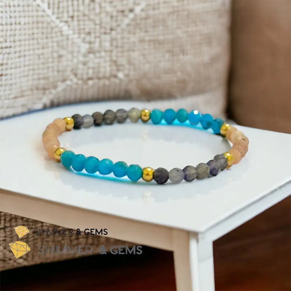 Weight Loss Remedy Bracelet (Blue Apatite Sunstone Iolite 4mm with Stainless Steel Beads) 5.5”